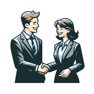 DALL·E 2024-03-01 11.42.28 - Create an image that looks like a vector graphic featuring two adults shaking hands happily. They are dressed neatly, with a completely white backgrou